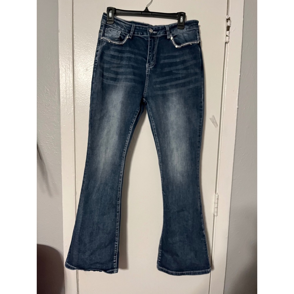 Sky Premium Collection Women Dark Wash Skull Rhinestone Flare Jeans Size 13